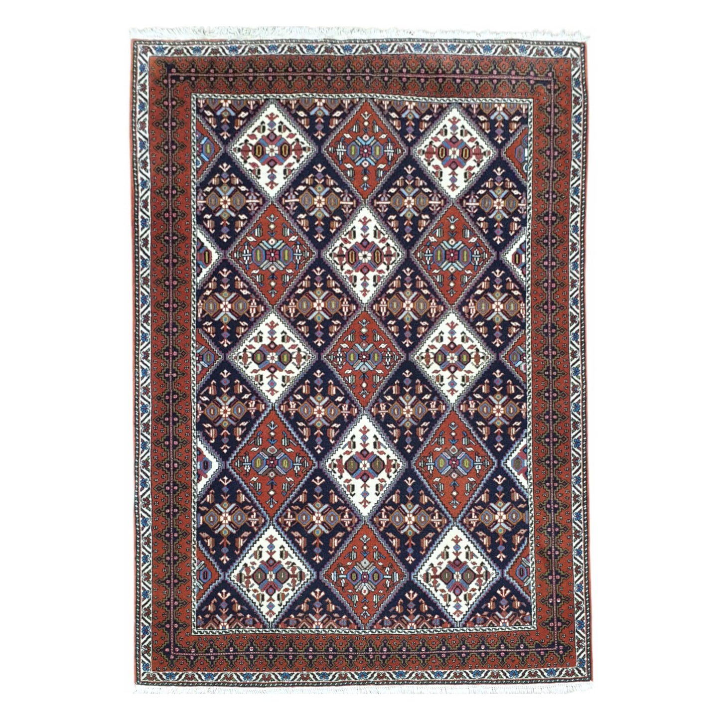 Persian Afshar hand-knotted wool rug 180 x 124 cm shown in straightened full view with red and blue diamond medallion design