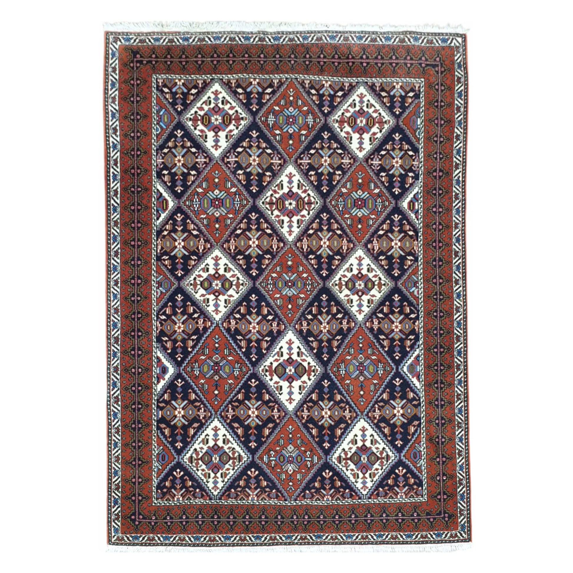 Persian Afshar hand-knotted wool rug 180 x 124 cm shown in straightened full view with red and blue diamond medallion design