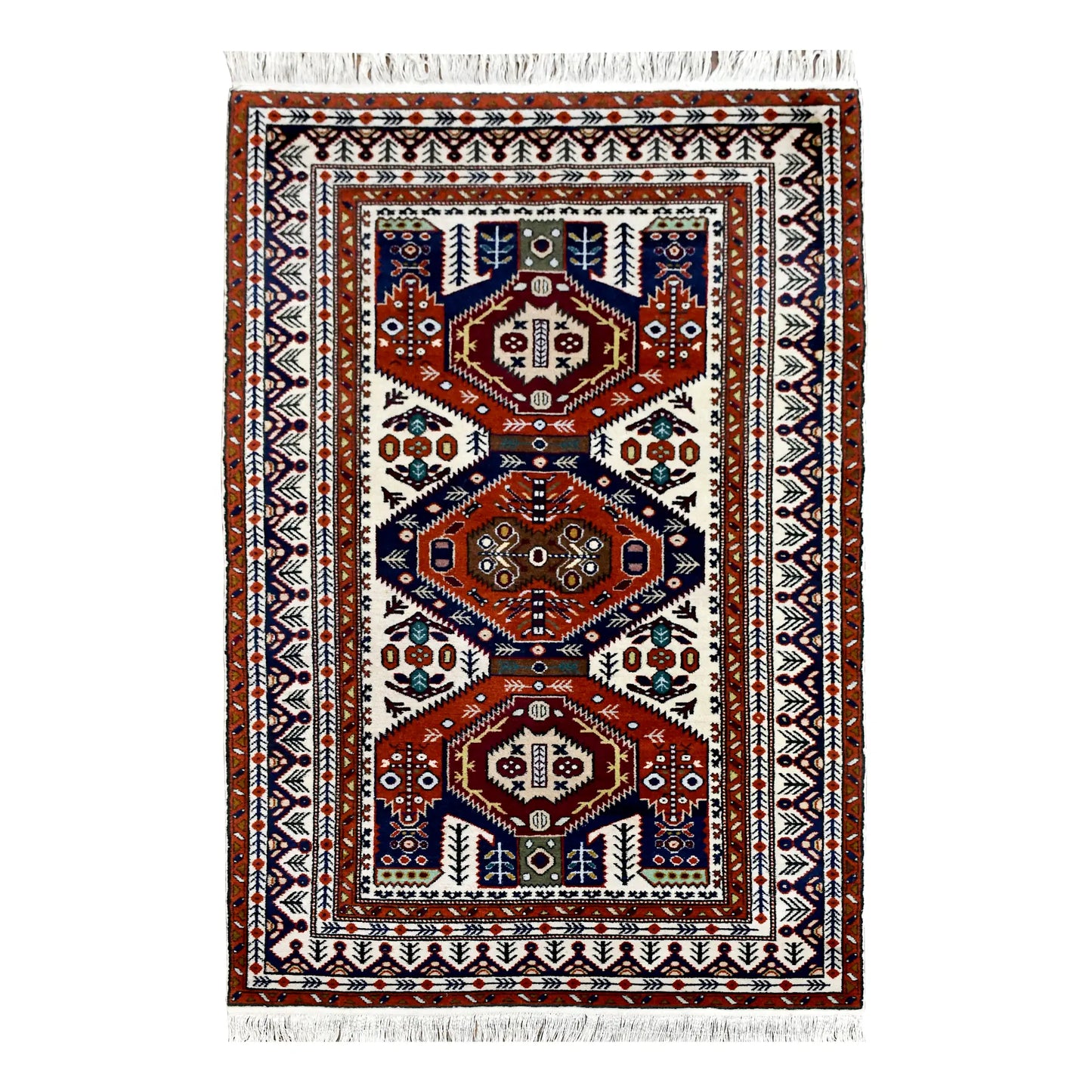 Full view of Persian Ardabil rug with three geometric medallions on an ivory field, 220 x 140 cm