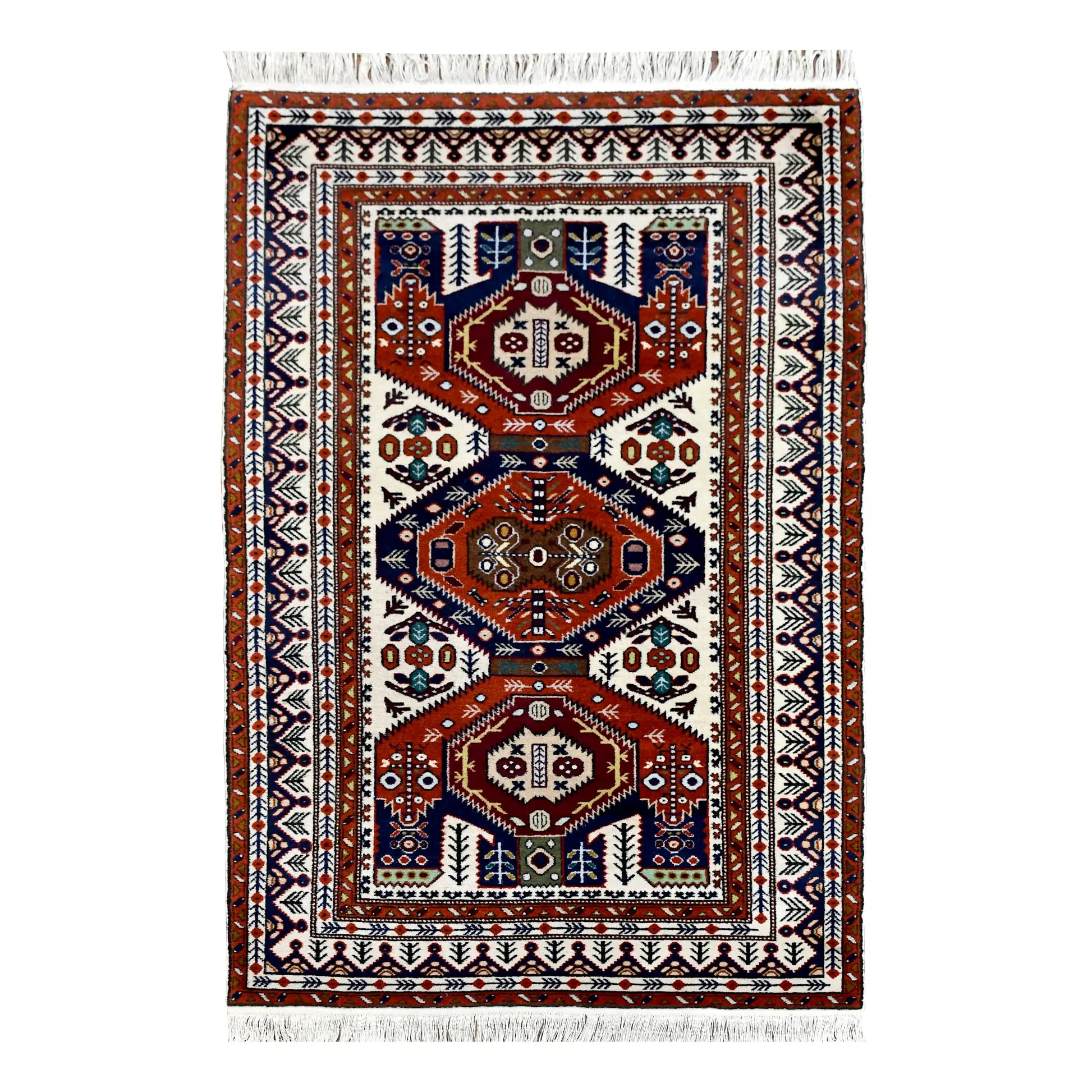 Full view of Persian Ardabil rug with three geometric medallions on an ivory field, 220 x 140 cm