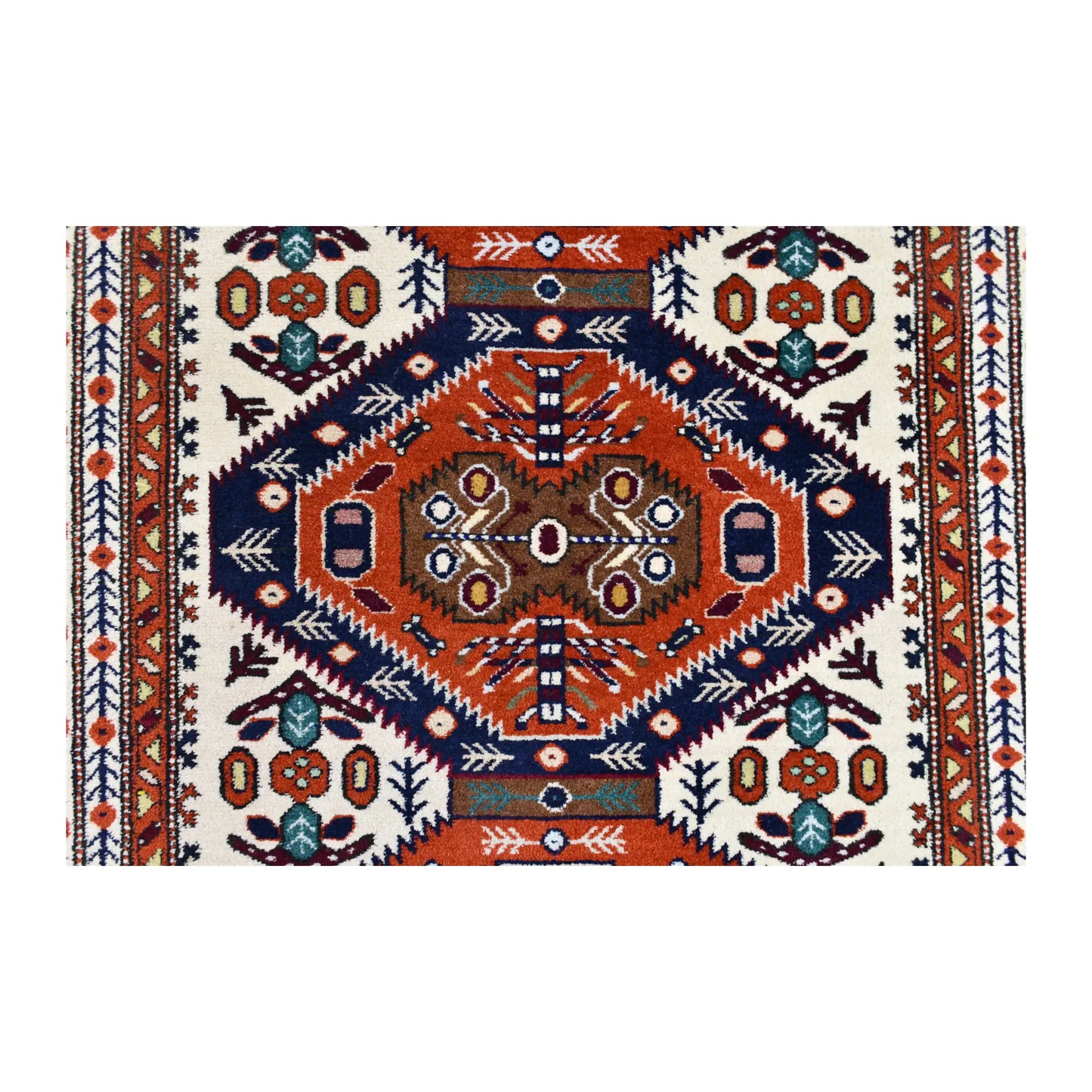 Central Ardabil medallion in rust orange and navy, surrounded by turquoise and burgundy motifs