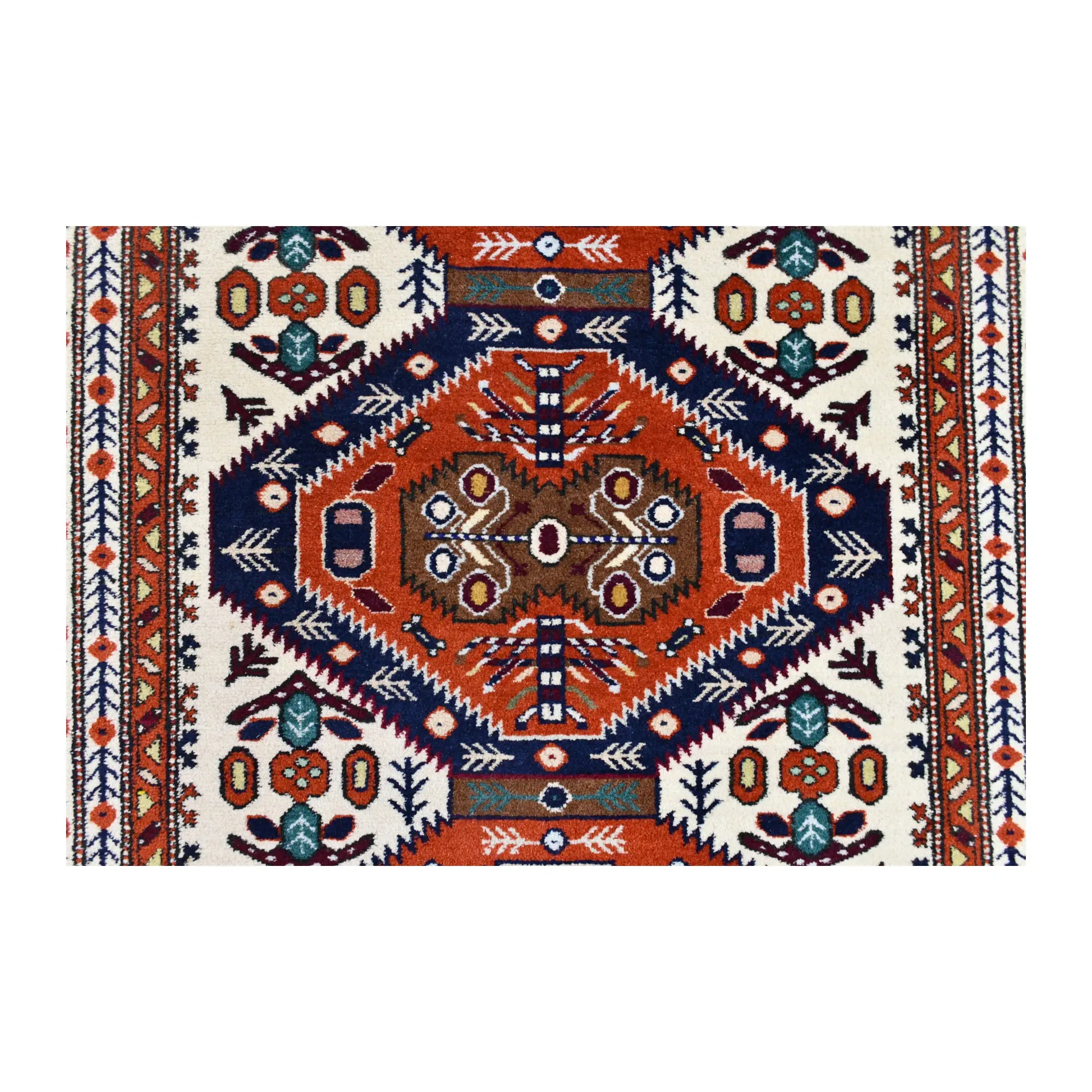Central Ardabil medallion in rust orange and navy, surrounded by turquoise and burgundy motifs