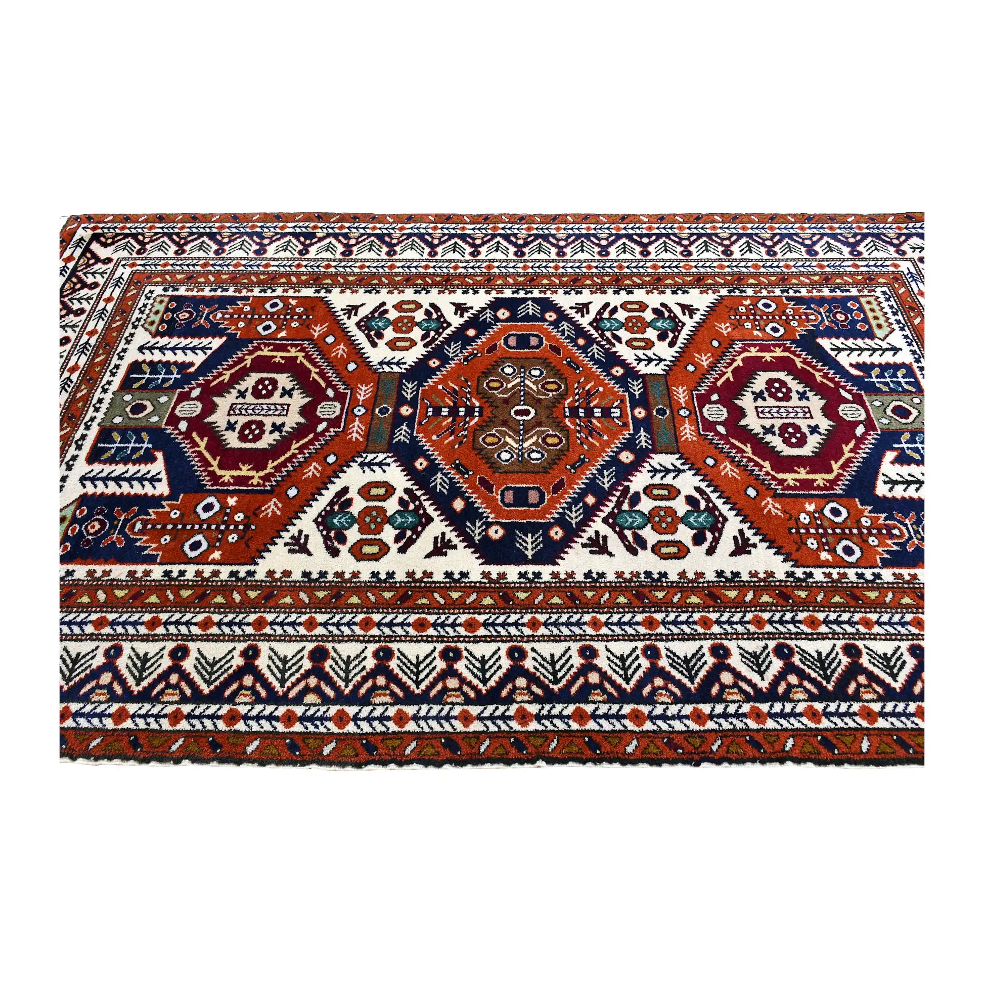 Field view of Persian Ardabil rug showing three aligned medallions and layered patterned borders