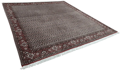 Angled view of Persian Bidjar hand-knotted wool rug showing dense wool pile, dark brown field and traditional border, 257 x 250 cm