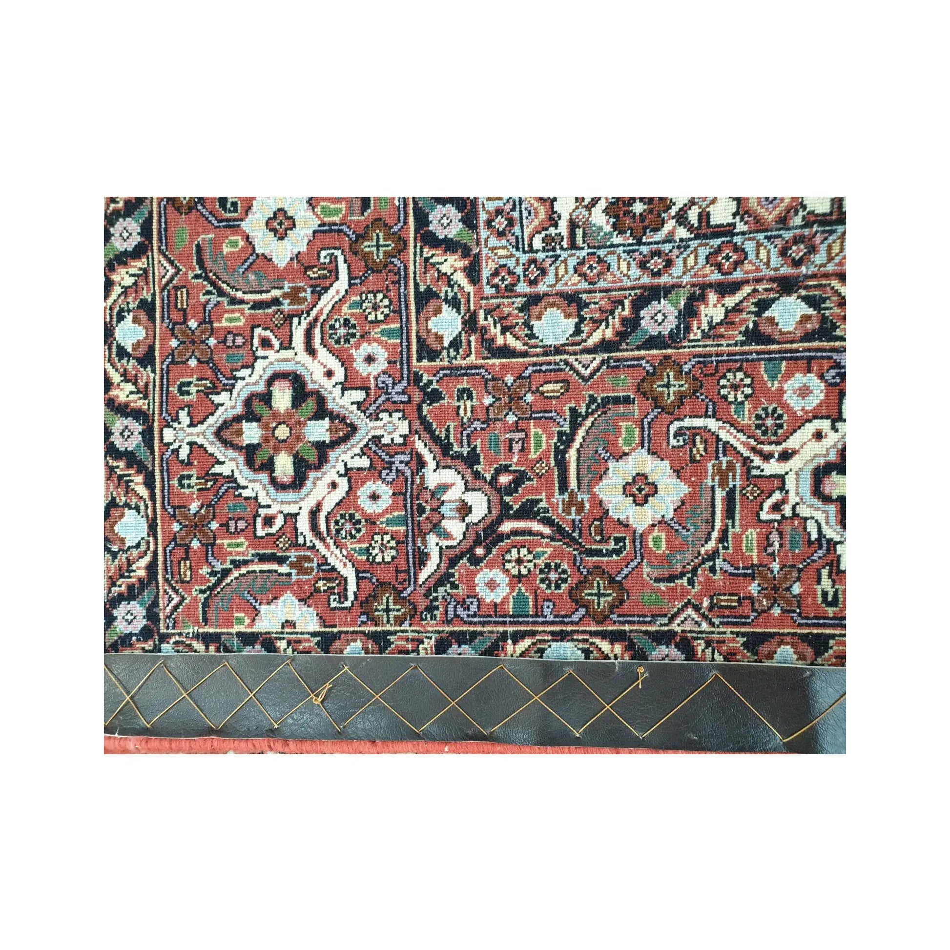 Back weave detail of Persian Bidjar hand-knotted wool rug showing reverse knotting, geometric pattern structure and wool foundation, 257 x 250 cm