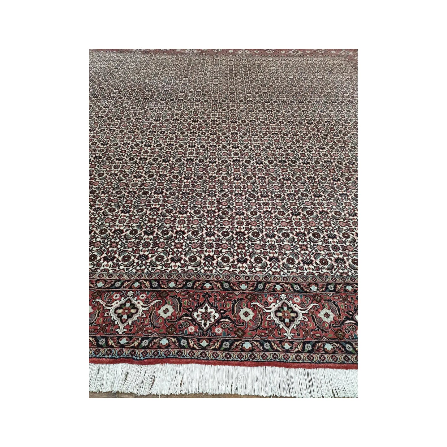 Fringe edge detail of Persian Bidjar wool rug showing dark brown field, border pattern and hand-knotted finish, 257 x 250 cm