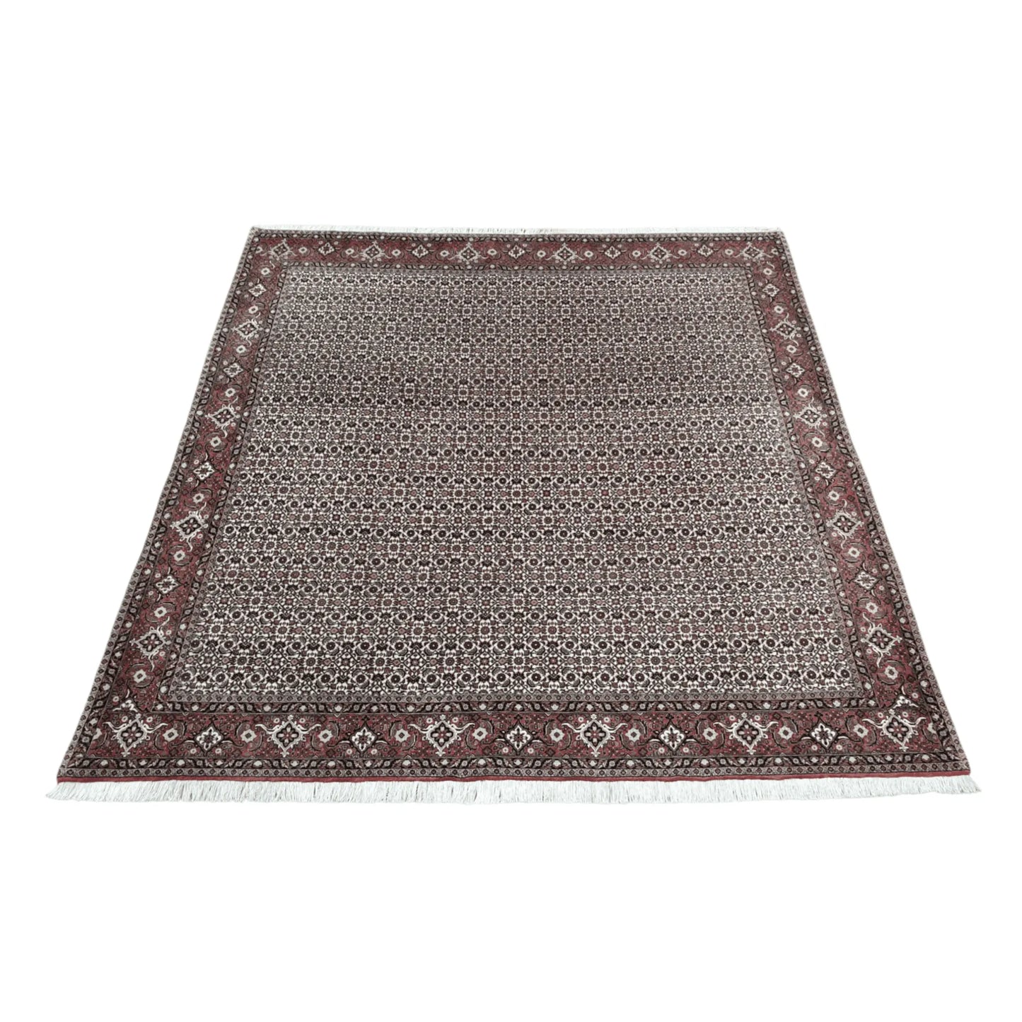 Full view of Persian Bidjar hand-knotted wool rug with dark brown patterned field and detailed red border, 257 x 250 cm