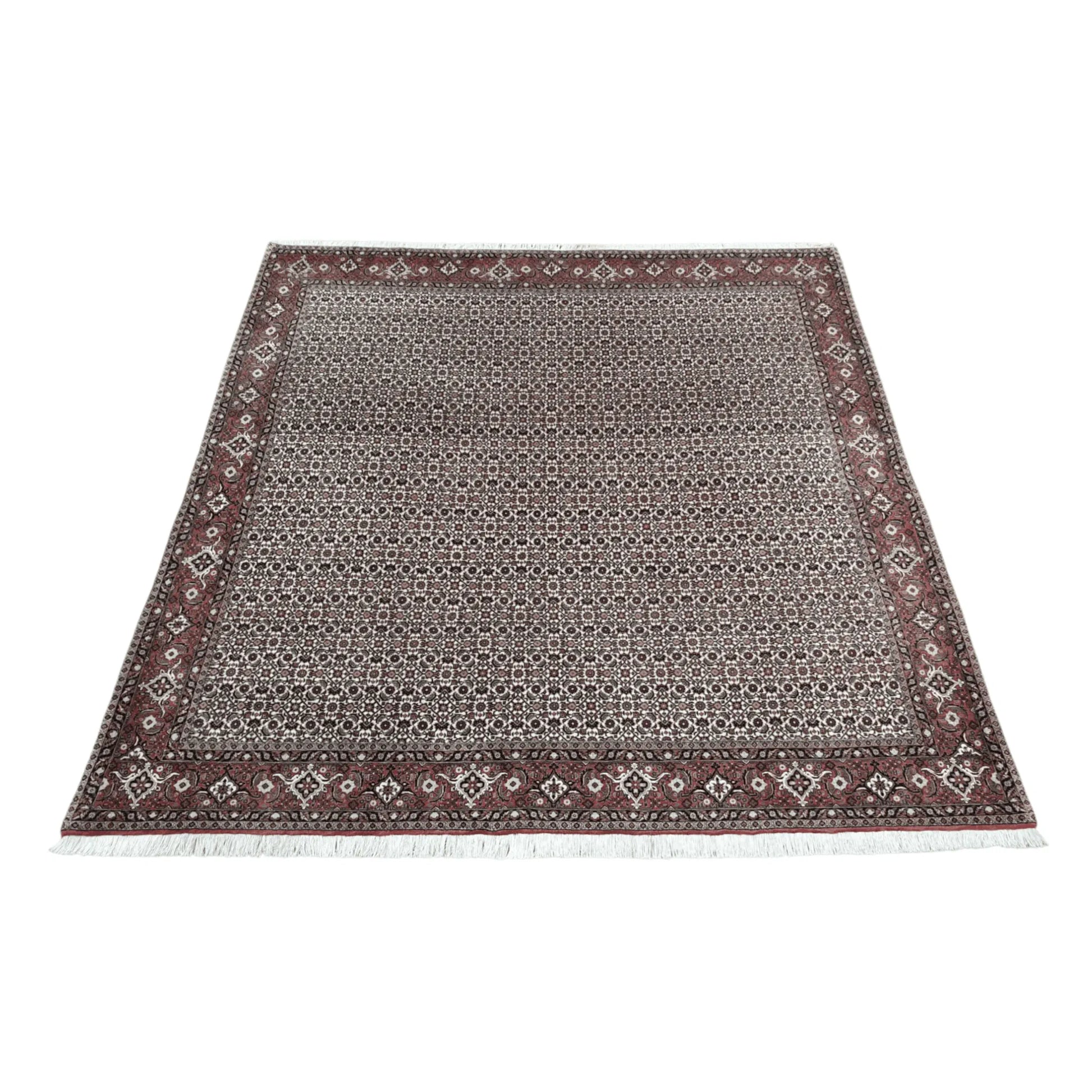 Full view of Persian Bidjar hand-knotted wool rug with dark brown patterned field and detailed red border, 257 x 250 cm