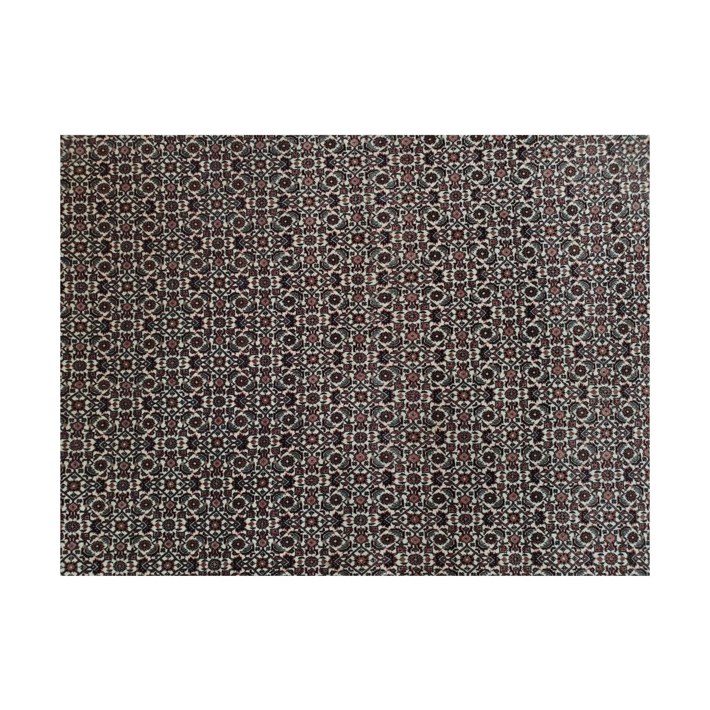Close-up of Persian Bidjar rug showing dense repeating geometric field pattern and wool pile texture, 257 x 250 cm