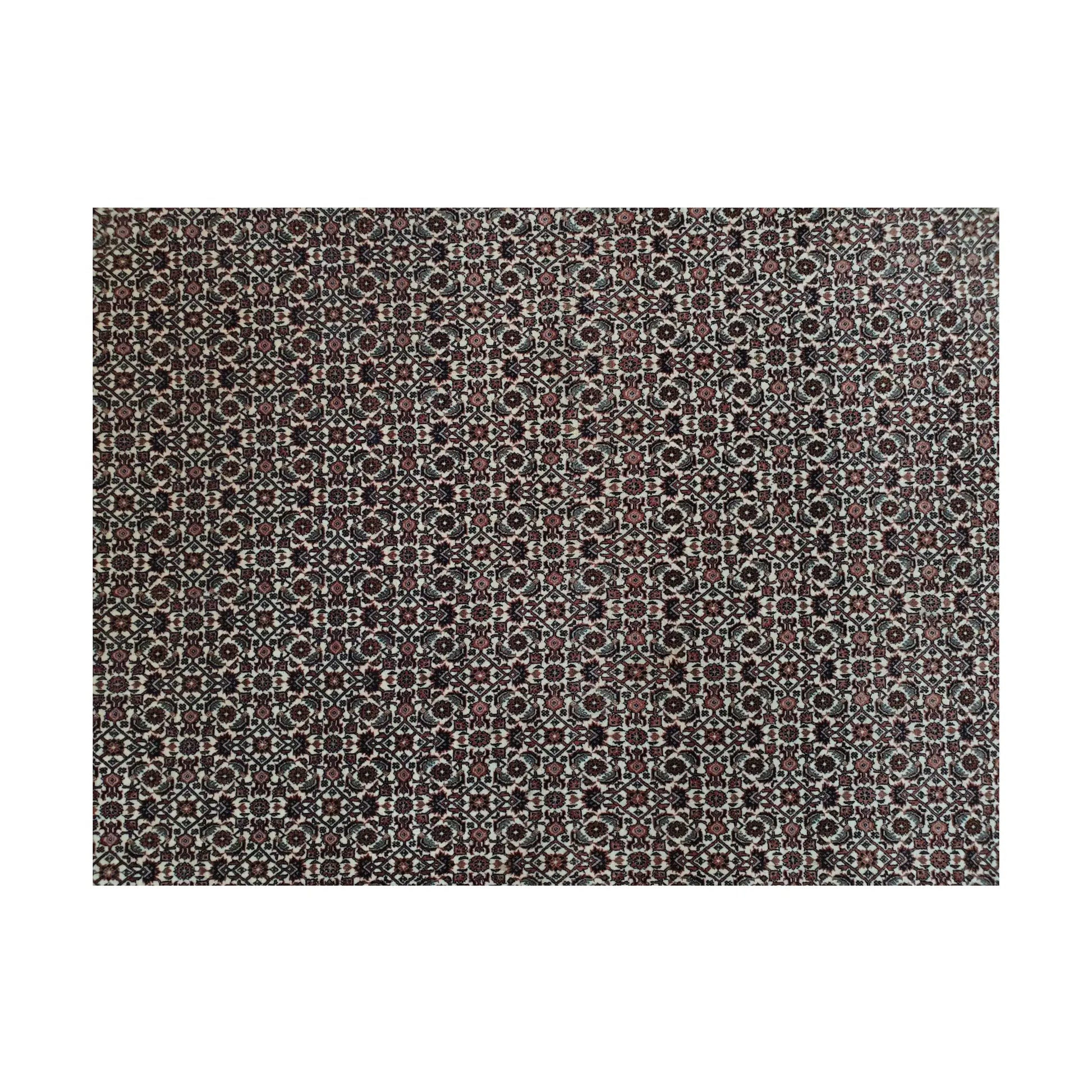 Close-up of Persian Bidjar rug showing dense repeating geometric field pattern and wool pile texture, 257 x 250 cm