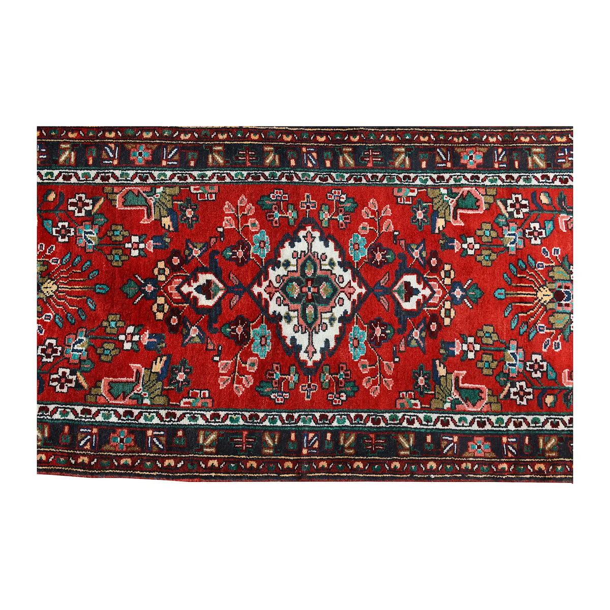 Overhead section of Persian Hamadan runner showing the red medallion field and layered floral borders