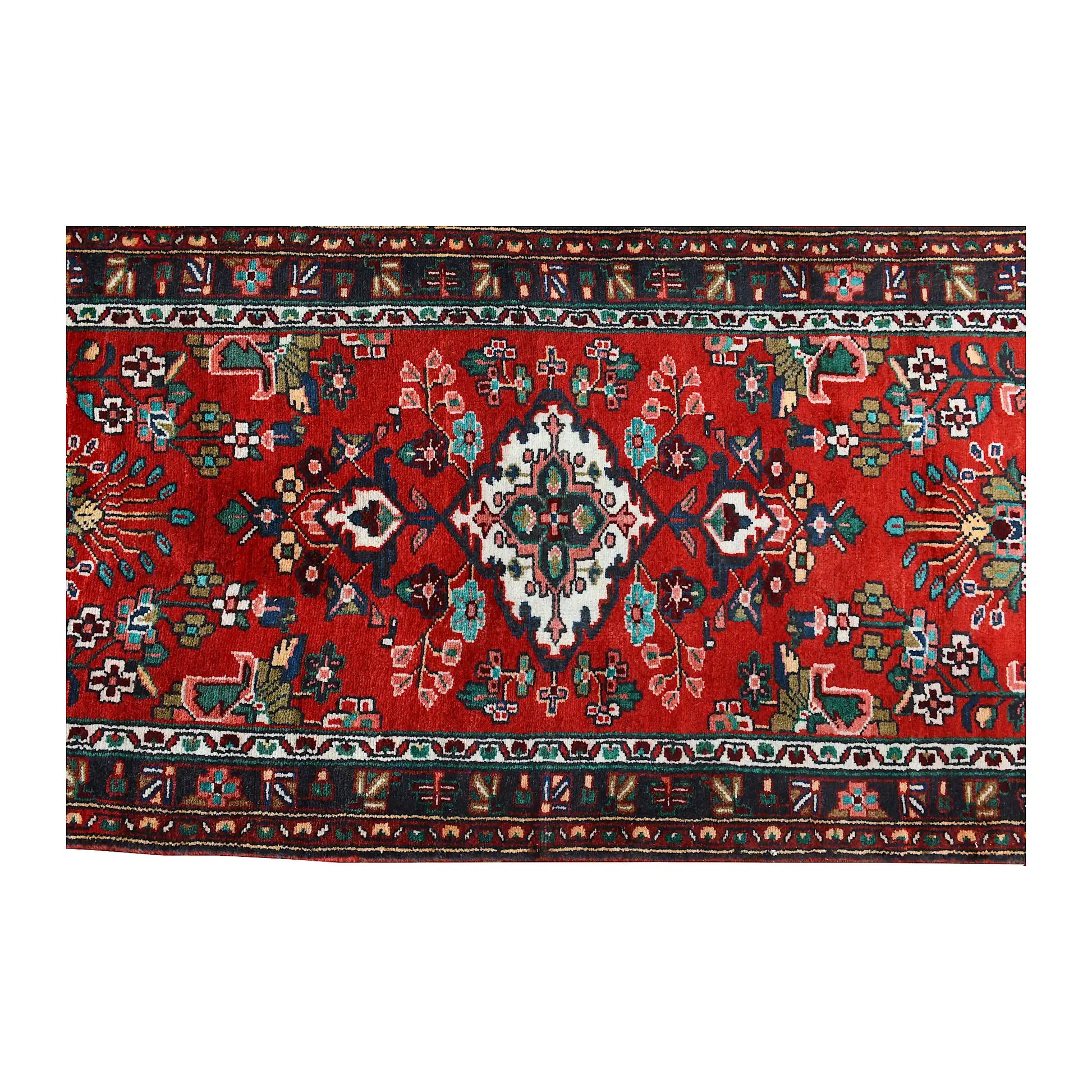 Overhead section of Persian Hamadan runner showing the red medallion field and layered floral borders