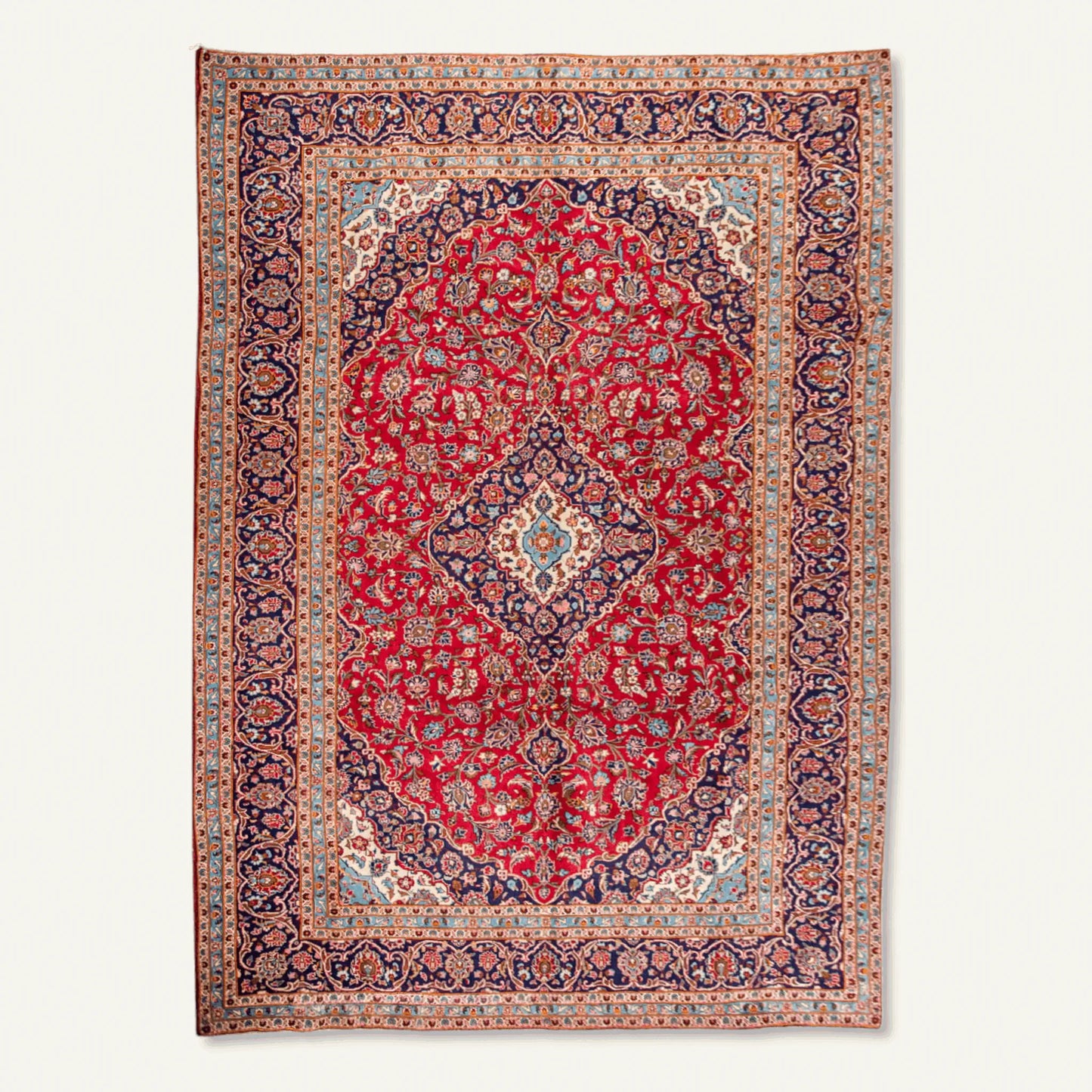 Persian Kashan hand-knotted wool rug 405 x 285 cm full view with red central medallion and blue floral border