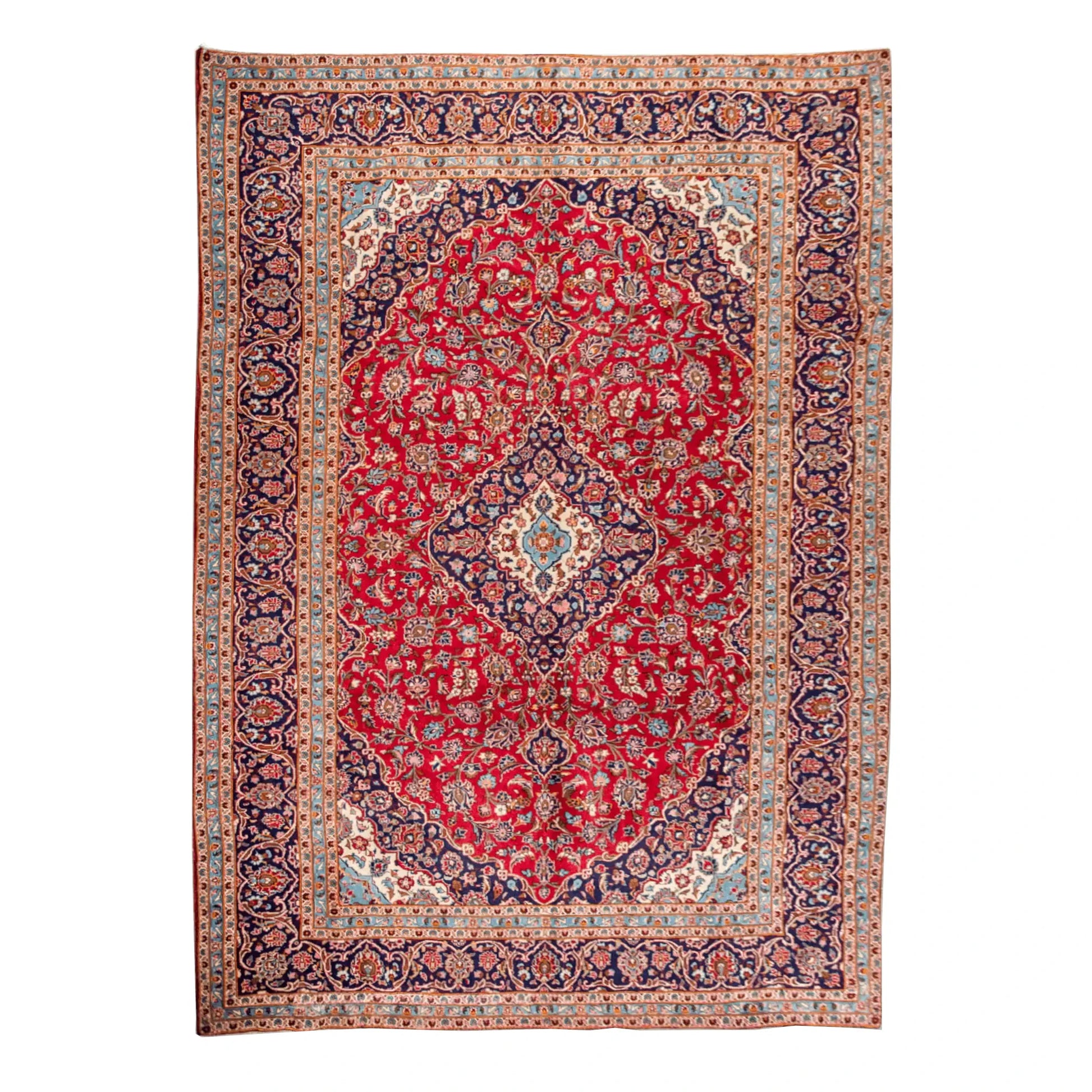 Persian Kashan hand-knotted wool rug 405 x 285 cm full view with red central medallion and blue floral border