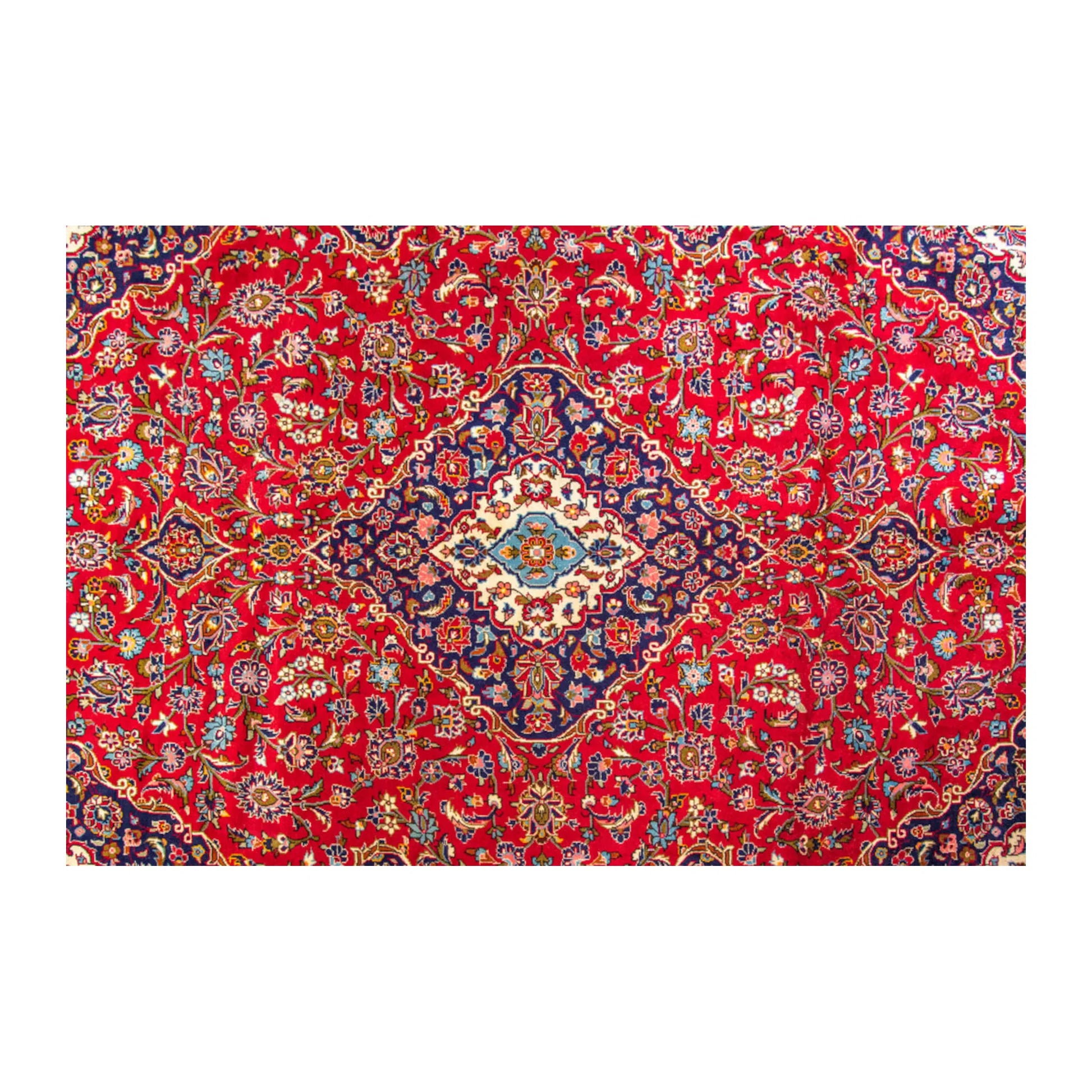 Central medallion detail of Persian Kashan wool rug showing red field, floral motifs and traditional Persian design