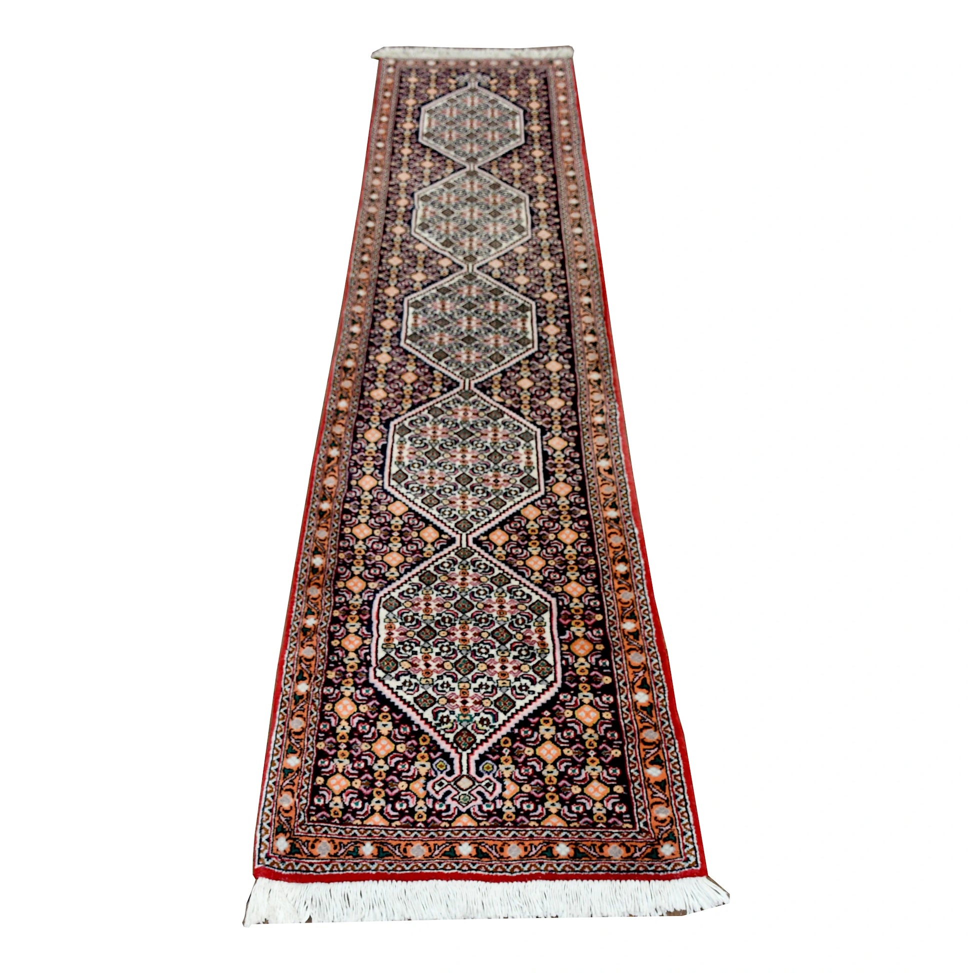 Persian Senneh runner 234 x 56 cm full view with indigo field, red border and fine diamond lattice pattern