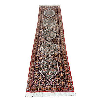 Persian Senneh runner 234 x 56 cm full view with indigo field, red border and fine diamond lattice pattern