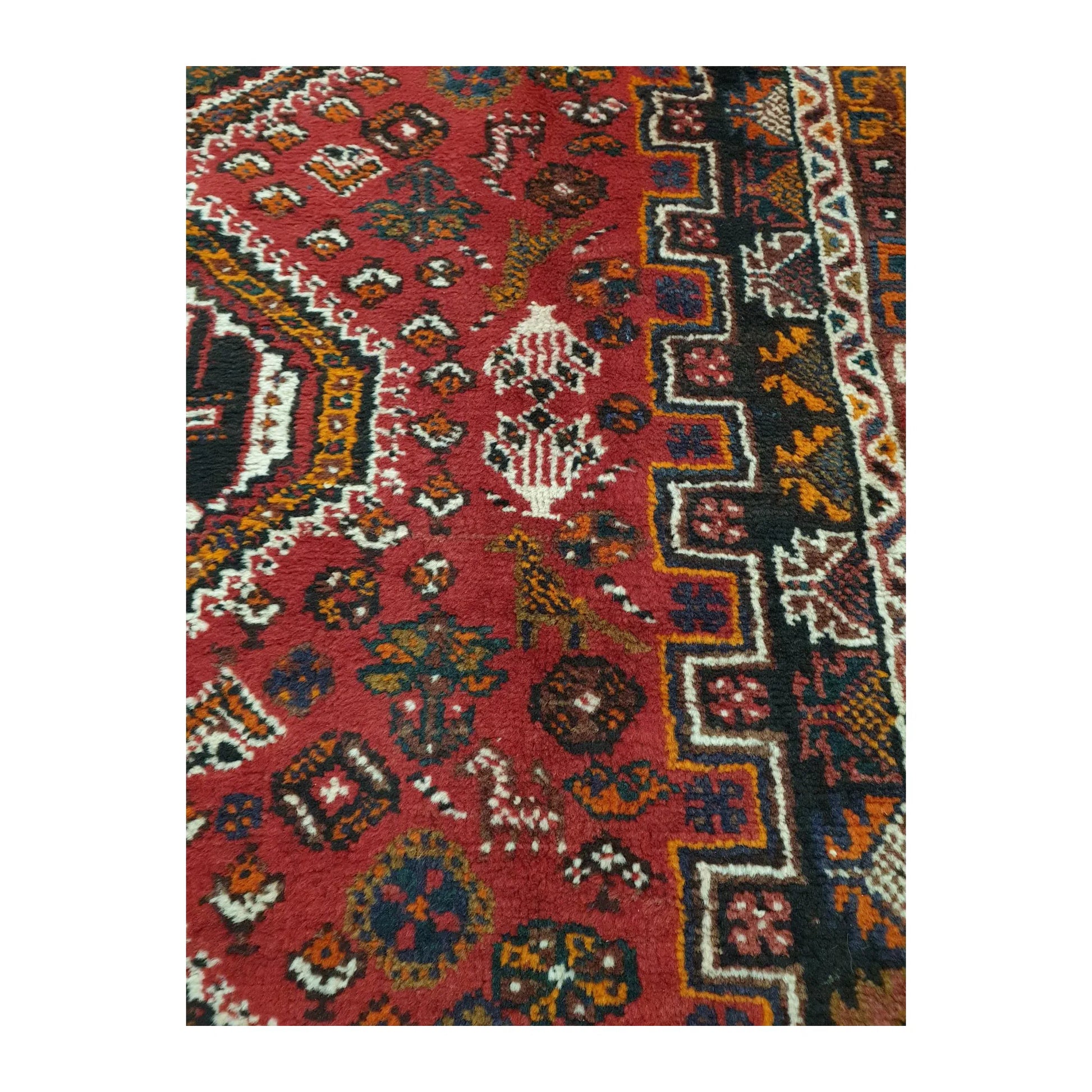 Close-up of Persian Shiraz wool rug showing the red field, symbolic motifs and layered side border