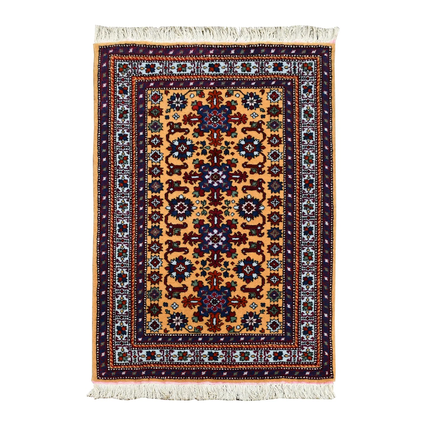 Full view of Persian Veramin hand-knotted wool rug with a camel-gold floral lattice field and layered red and blue borders, 126 x 76 cm