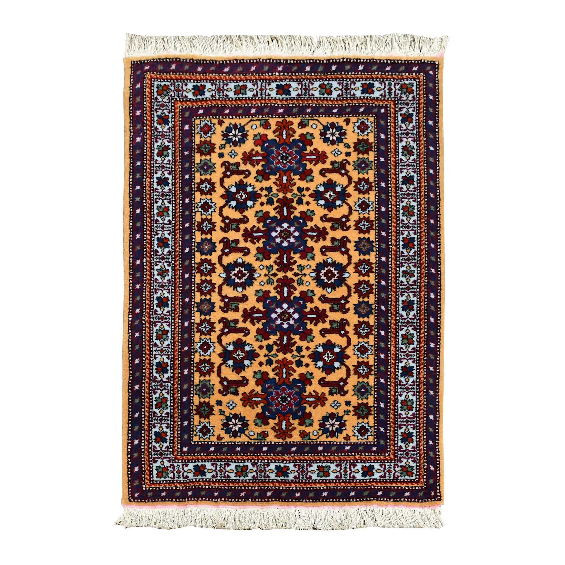 Full view of Persian Veramin hand-knotted wool rug with a camel-gold floral lattice field and layered red and blue borders, 126 x 76 cm