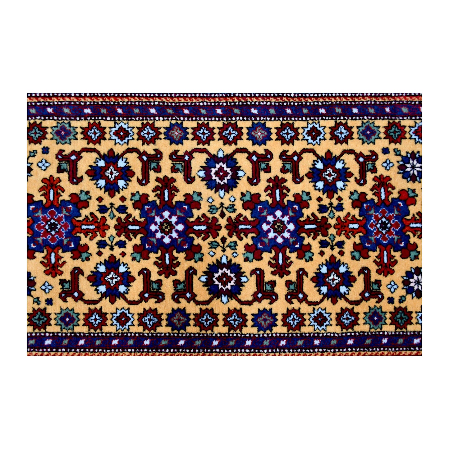 Close-up of Persian Veramin rug showing linked red, blue and ivory rosettes across the camel-gold field