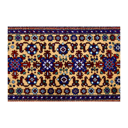 Close-up of Persian Veramin rug showing linked red, blue and ivory rosettes across the camel-gold field