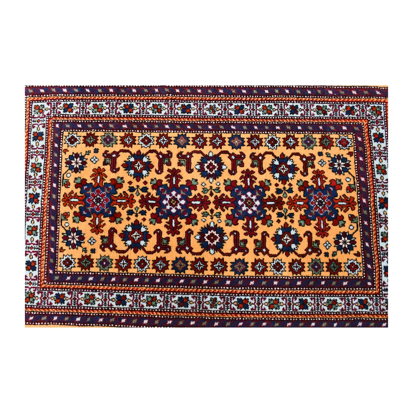 Overhead view of Persian Veramin rug showing its complete Mina Khani field and multiple floral borders