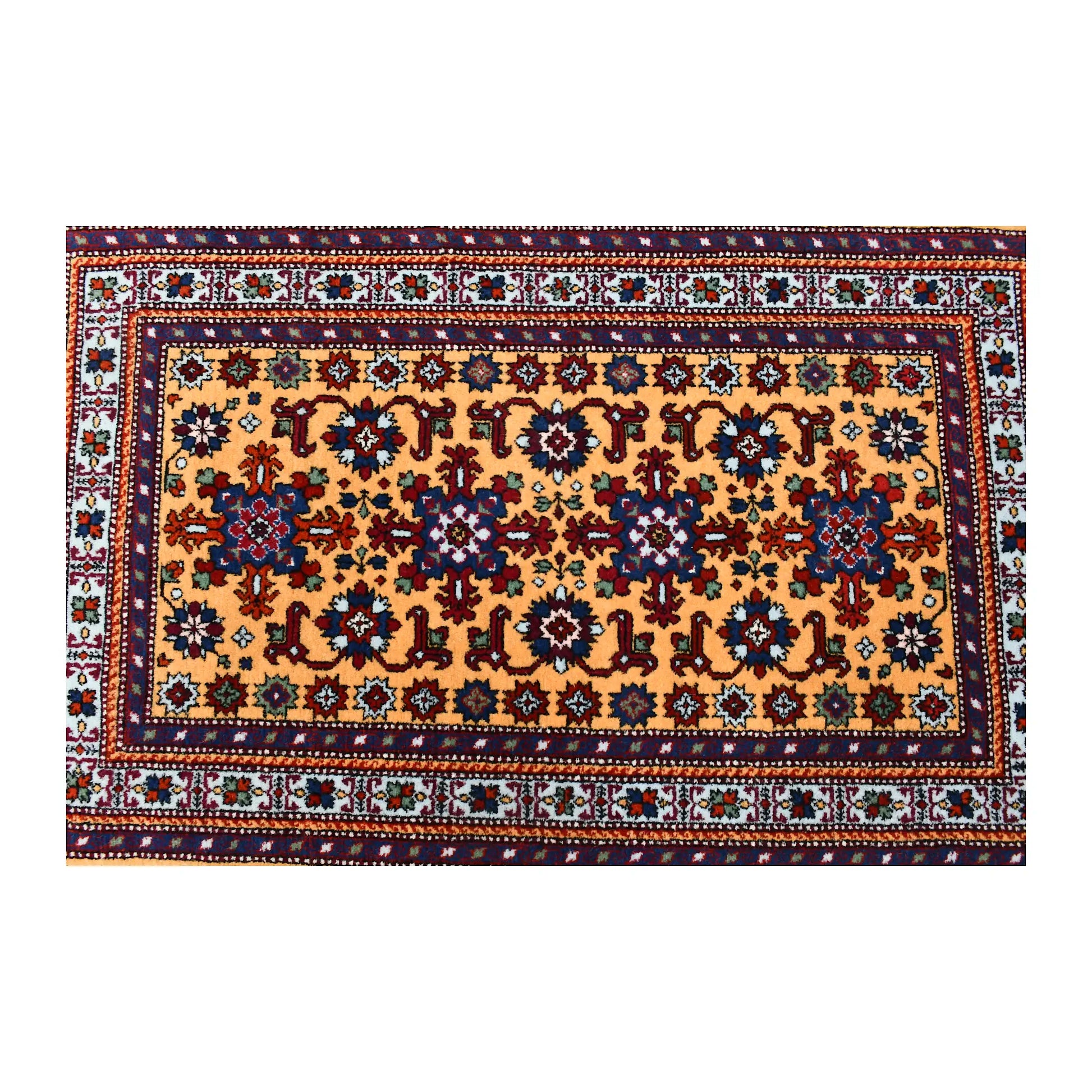 Overhead view of Persian Veramin rug showing its complete Mina Khani field and multiple floral borders