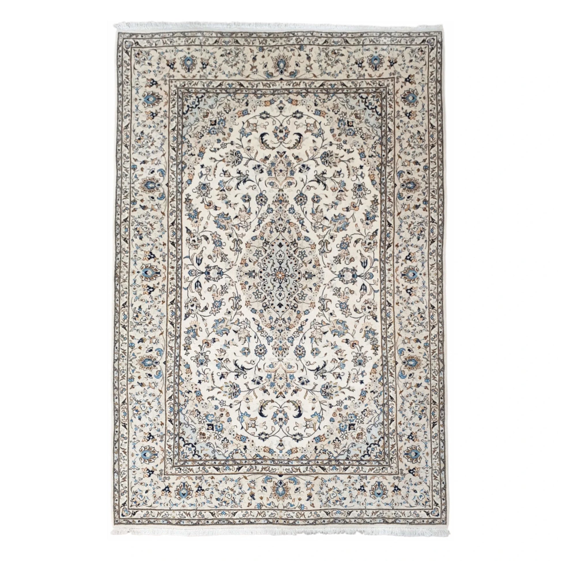 Full view of Persian Yazd wool rug with beige field, central medallion and floral borders, 300 x 200 cm