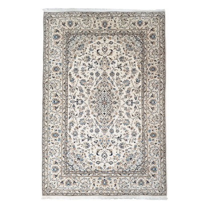 Full view of Persian Yazd wool rug with beige field, central medallion and floral borders, 300 x 200 cm