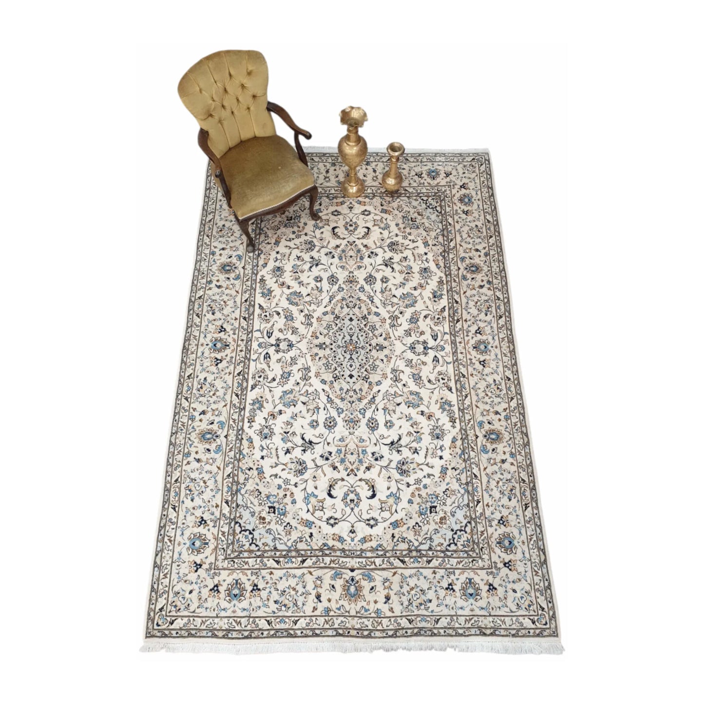 Lifestyle view of Persian Yazd wool rug with beige field and floral medallion design, 300 x 200 cm