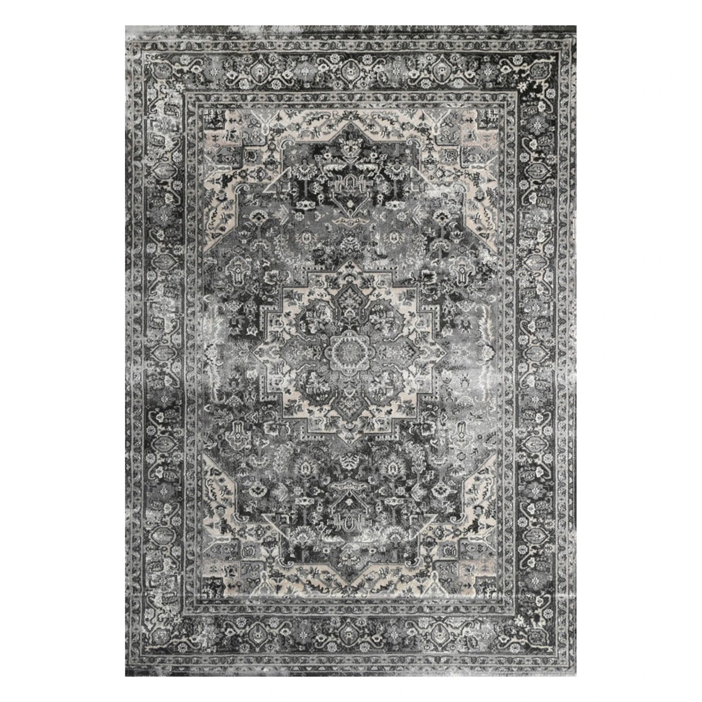 Full view of Prague Teresa Charcoal traditional rug with distressed medallion pattern and grey ornamental border, 170 x 120 cm