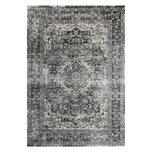 Full view of Prague Teresa Charcoal traditional rug with distressed medallion pattern and grey ornamental border, 170 x 120 cm