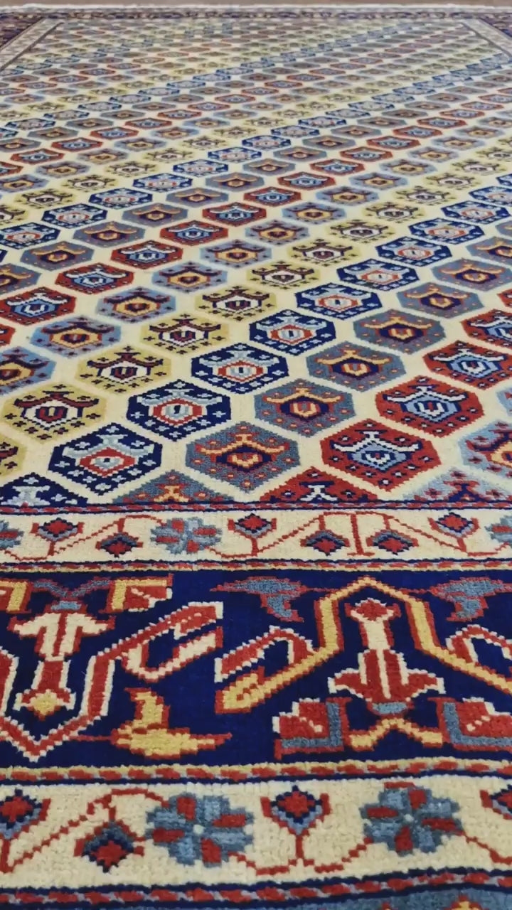 Close-up video of Afghan Shirvan hand-knotted wool rug showing geometric motifs and navy border