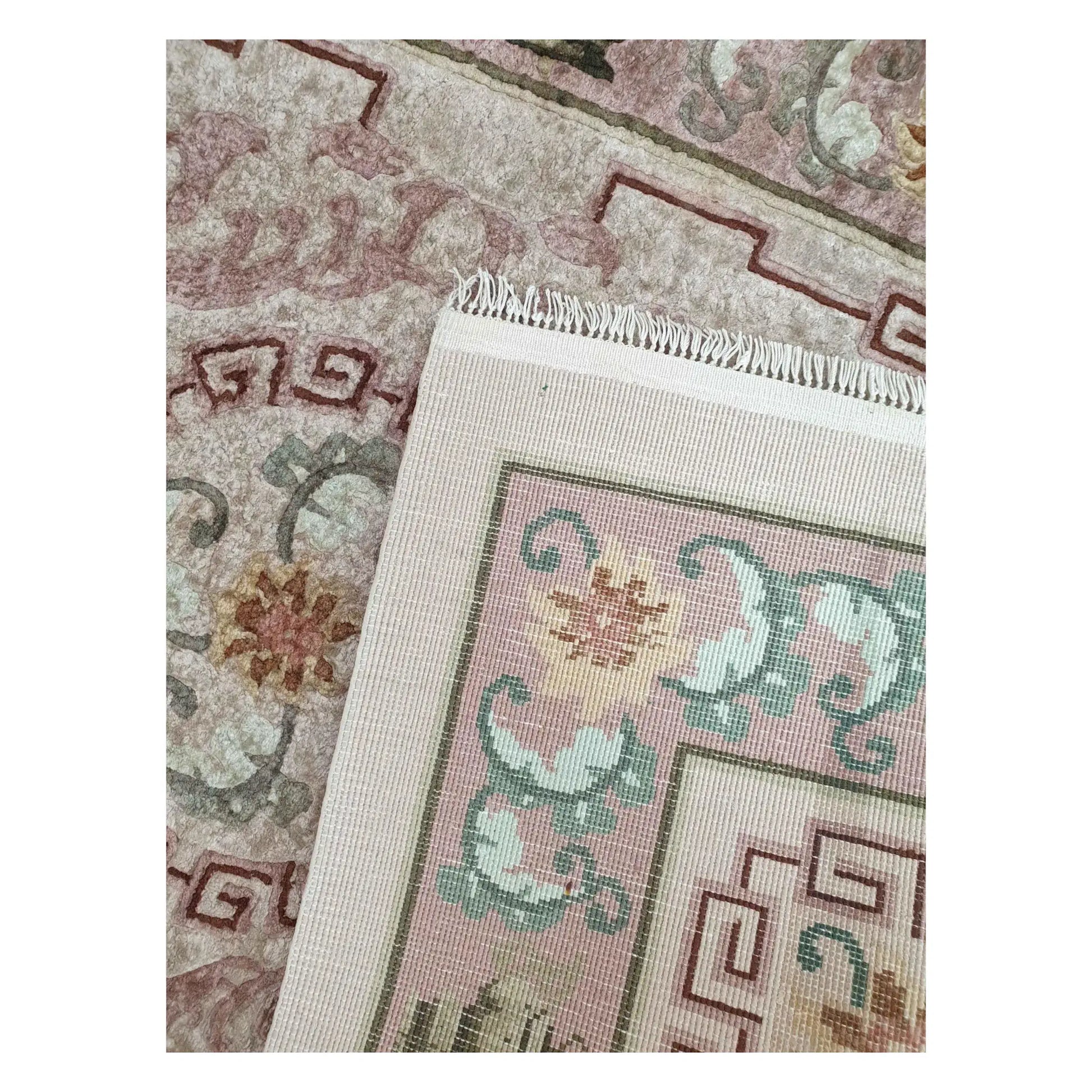 Back weave detail of rare vintage Chinese hand-knotted silk rug showing silk foundation