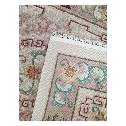 Back weave detail of rare vintage Chinese hand-knotted silk rug showing silk foundation