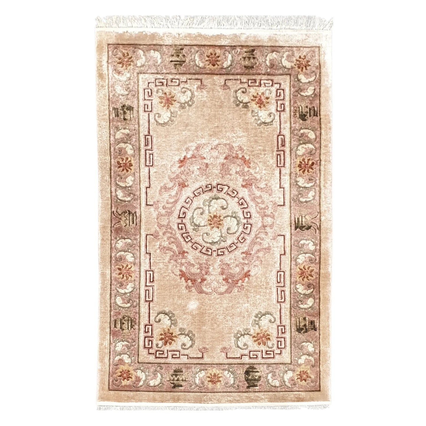 Full view of rare vintage Chinese hand-knotted silk rug 152 x 90 cm in beige