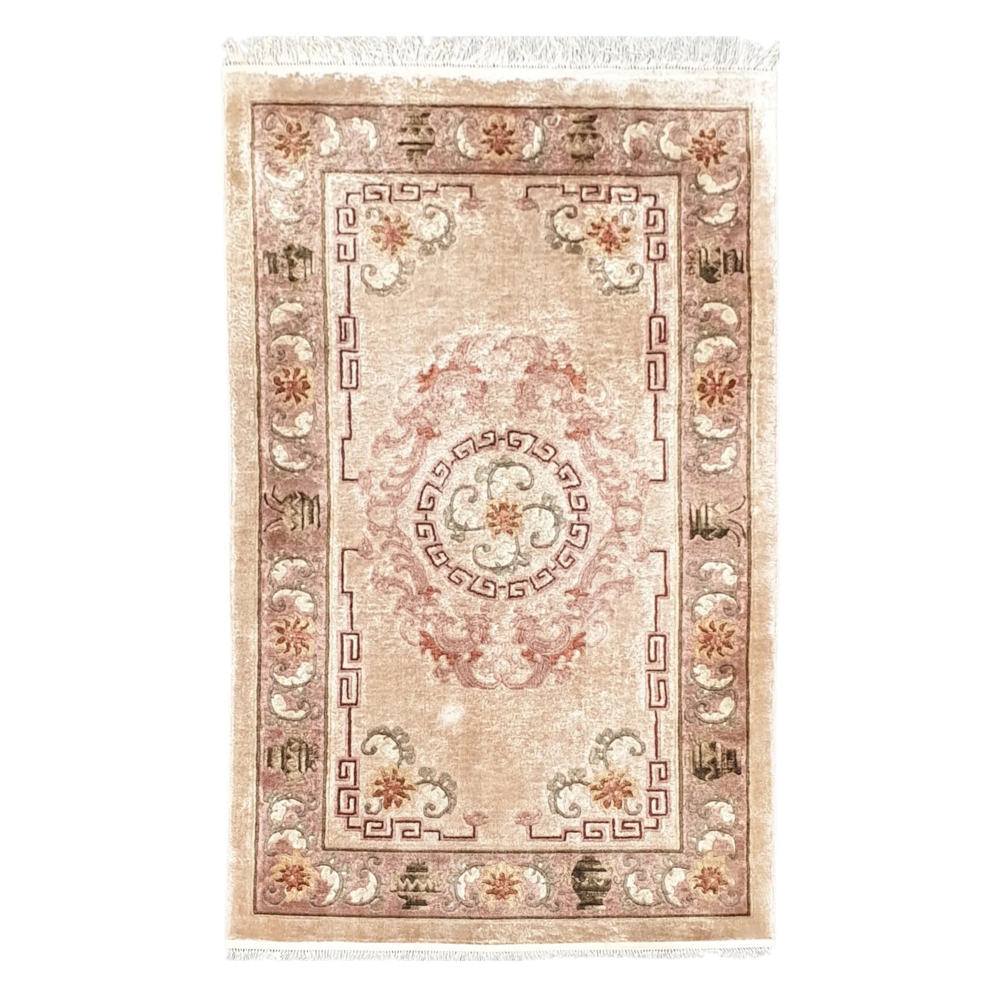 Full view of rare vintage Chinese hand-knotted silk rug 152 x 90 cm in beige