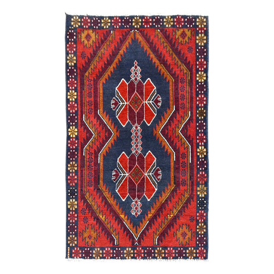 Full view of red Afghan Baluchi hand-knotted wool rug with twin geometric medallions, 186 x 114 cm