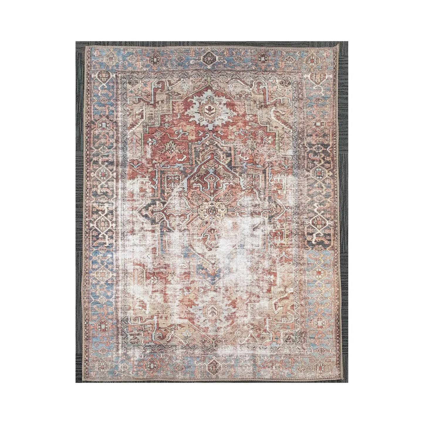 Rust blue ornamental cotton rug 170 x 120 cm shown in full view