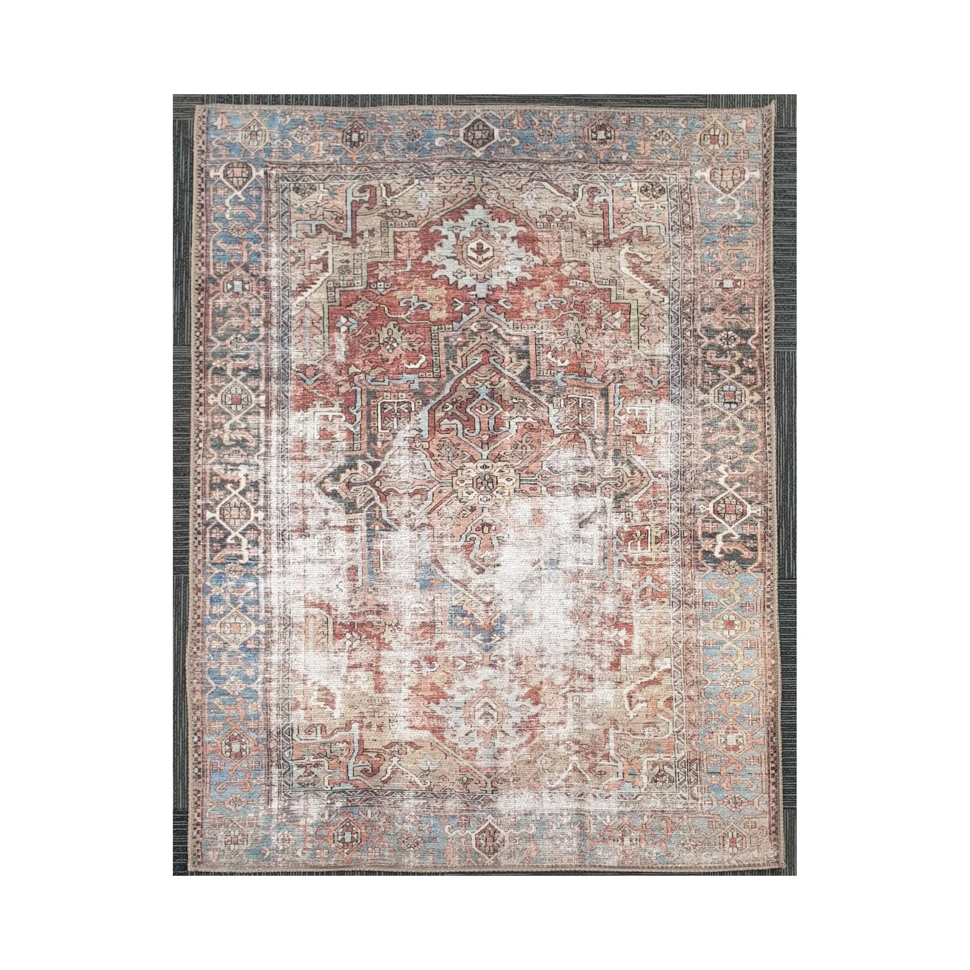 Rust blue ornamental cotton rug 170 x 120 cm shown in full view