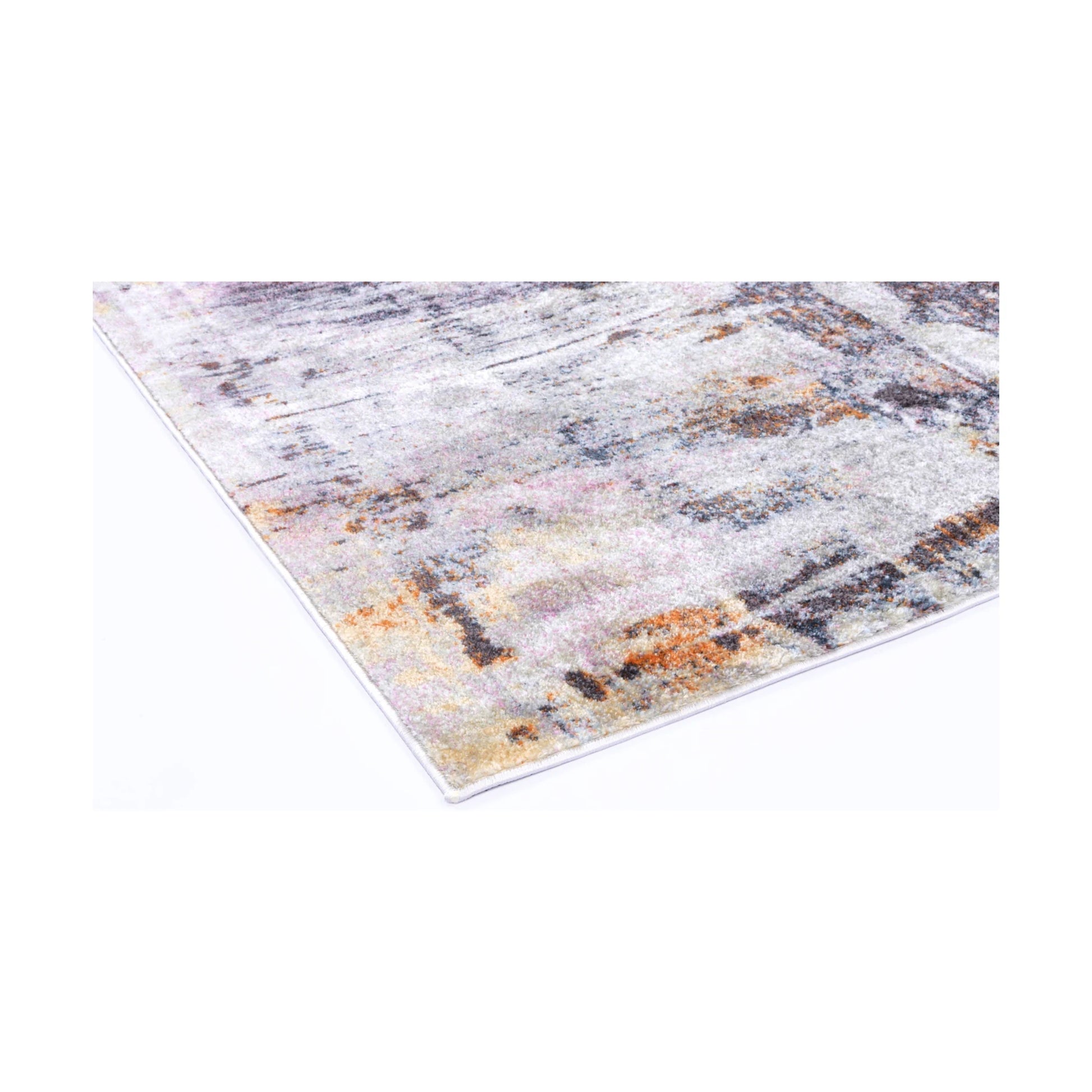 Angled corner detail of Santa Fe Verada Abstract Rug with cream-grey field, ochre accents and bound edge