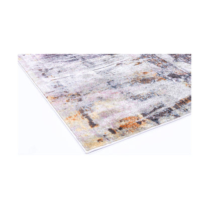 Angled corner detail of Santa Fe Verada Abstract Rug with cream-grey field, ochre accents and bound edge