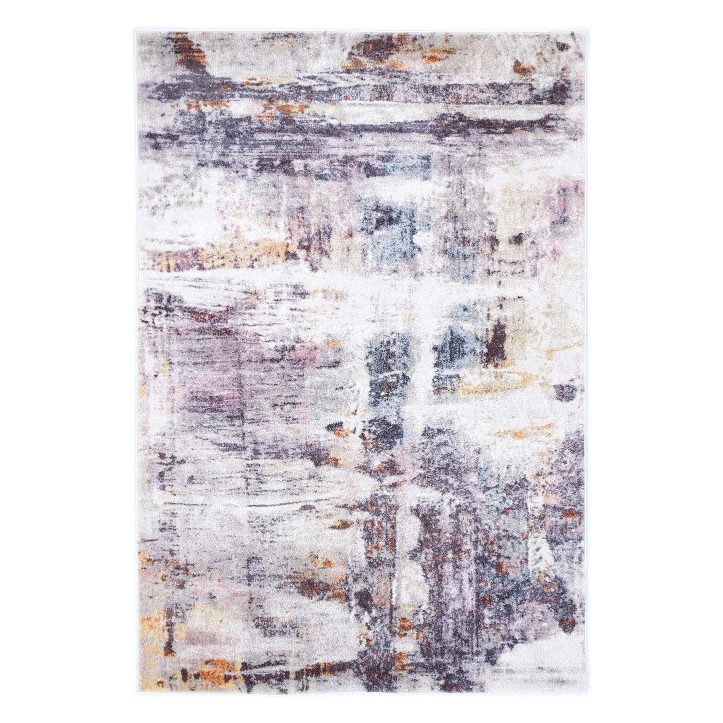 Full view of Santa Fe Verada Abstract Rug with cream, grey, charcoal and warm ochre distressed design