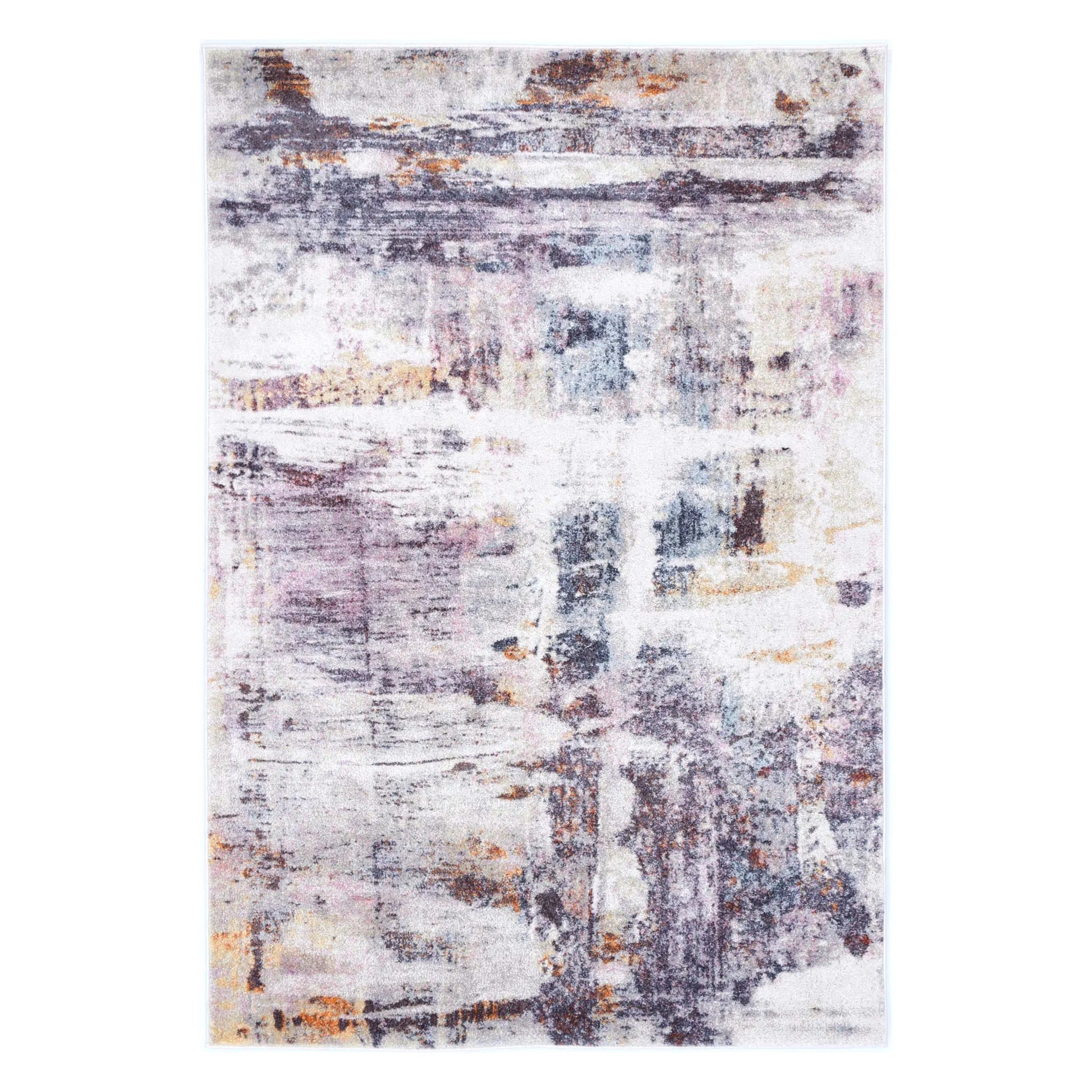 Full view of Santa Fe Verada Abstract Rug with cream, grey, charcoal and warm ochre distressed design