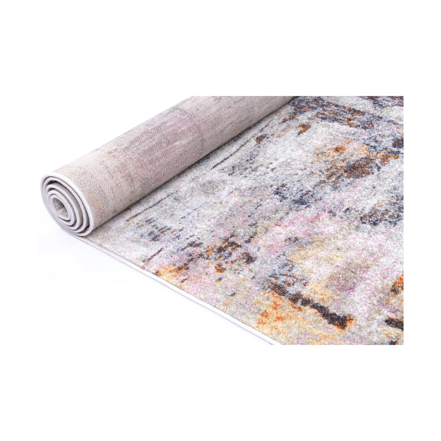 Rolled edge detail of Santa Fe Verada Abstract Rug showing soft pile, backing and abstract colour detail