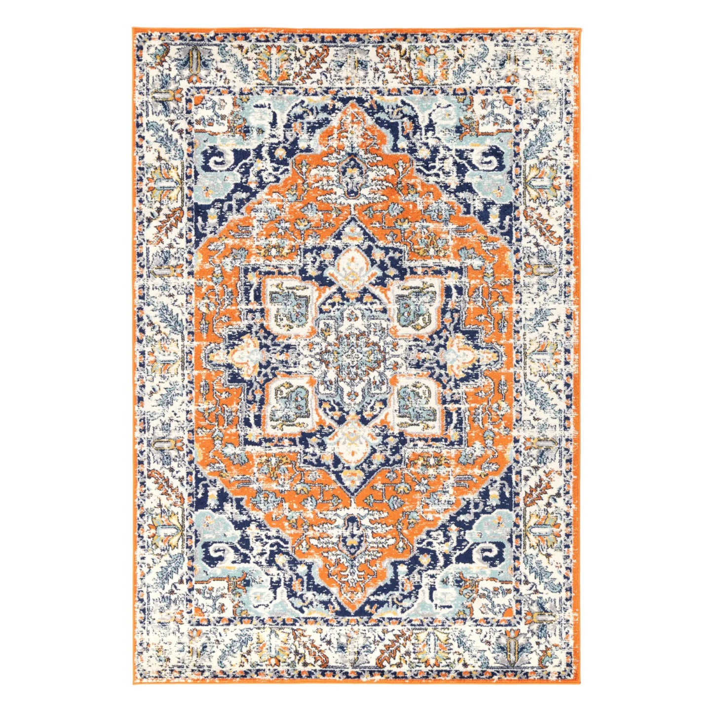 Full view of Sicily Messina Orange and Blue transitional rug with distressed medallion pattern and ornate border, 290 x 200 cm