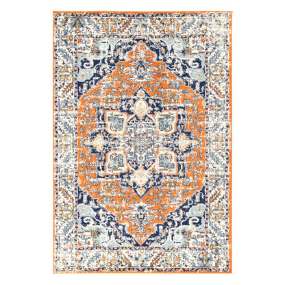 Full view of Sicily Messina Orange and Blue transitional rug with distressed medallion pattern and ornate border, 290 x 200 cm