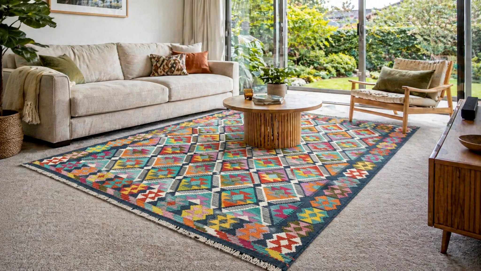 Multicolour Afghan Chobi Kilim rug with stepped diamond design styled in a bright carpeted living room with garden view