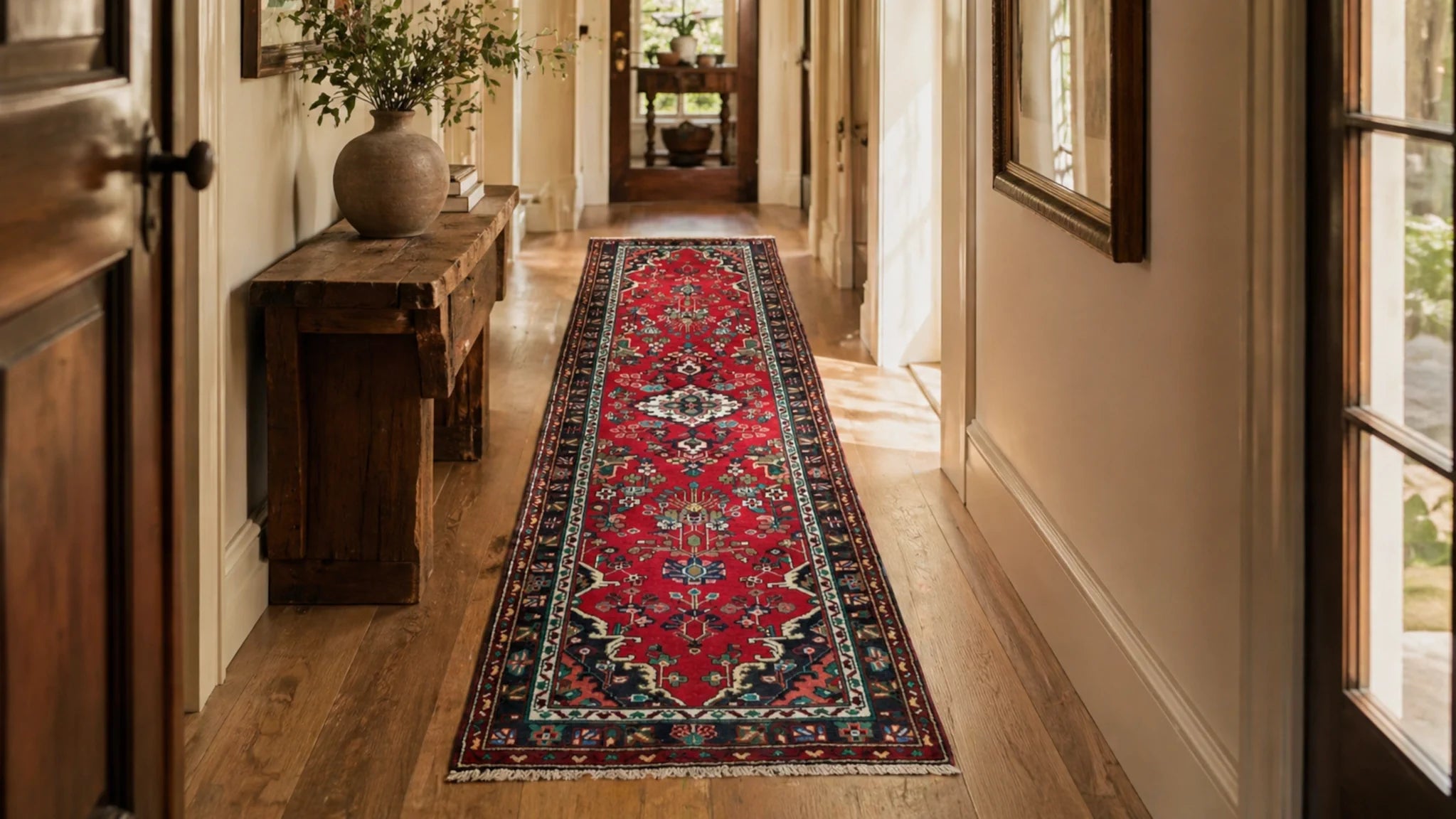 Hamadan runner rug styled in a bright hallway with wooden flooring and warm natural light